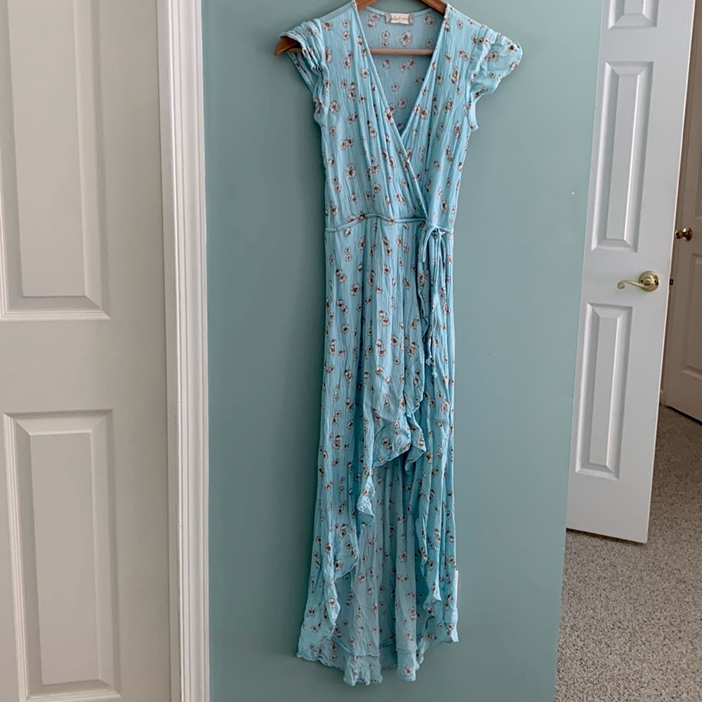 ALTAR’D STATE: Blue White Daisy Maxi Rayon Asymmetrical Summer Dress Size XS